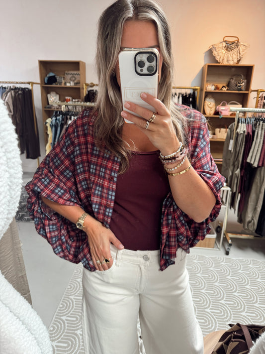 Blouse pofmouw Kim rood/lichtblauw