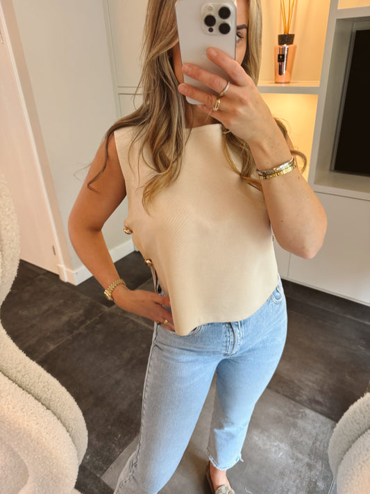 Mouwloze top gouden knopen Beige
