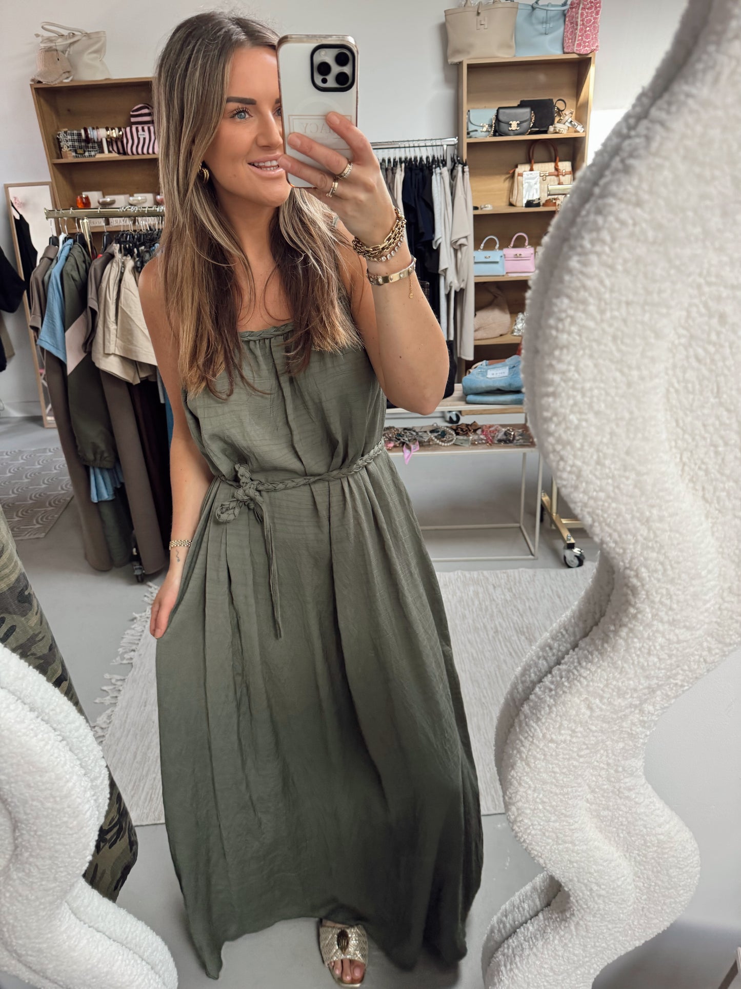 Maxi jurk spaghettibandjes Livia met ceintuur Groen