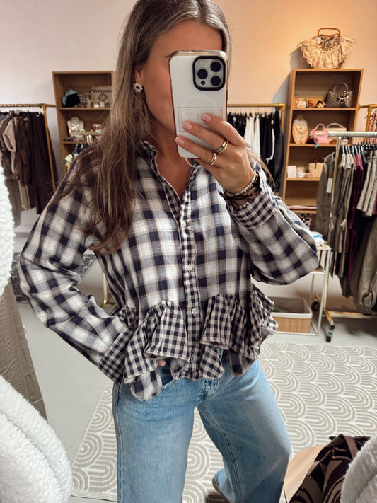 Blouse ruit met roesel Blauw