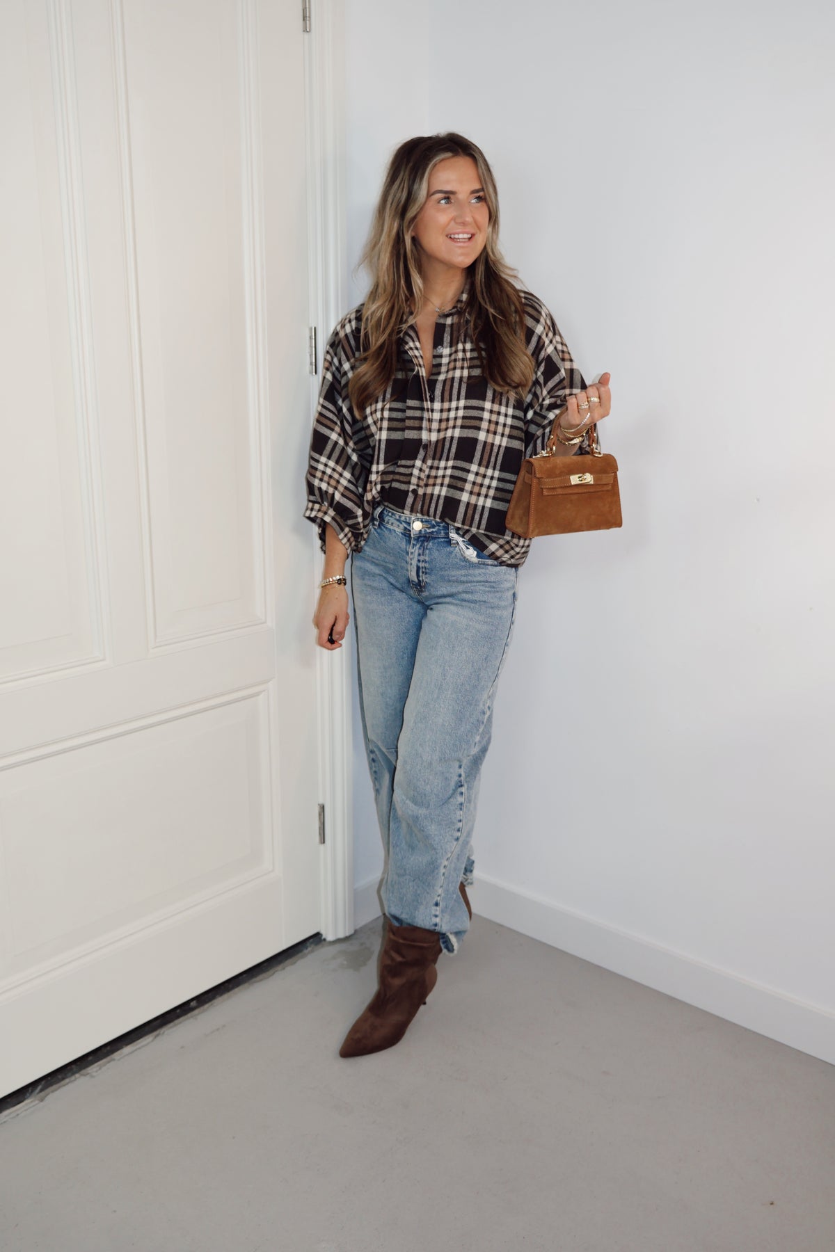 Pofblouse ruit Sisi Bruin/Beige