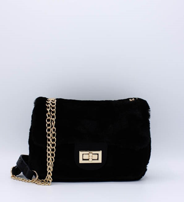 Fluffy fake fur tas taupe zwart