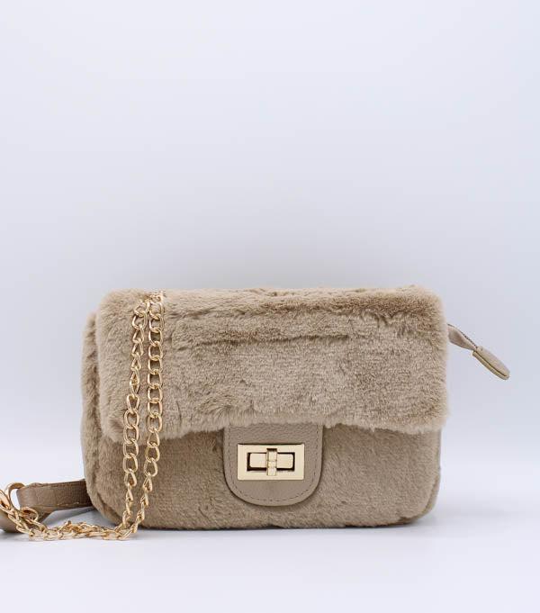Fluffy fake fur tas taupe