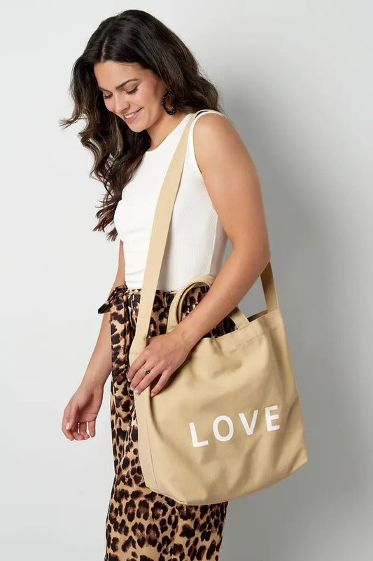 Canvas shopper Love beige groot roze