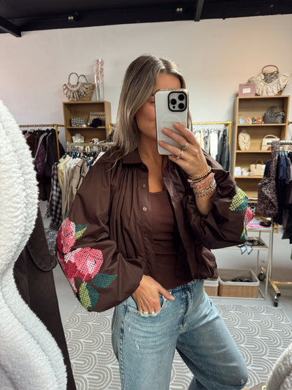 Blouse pofmouw Flower print Bruin