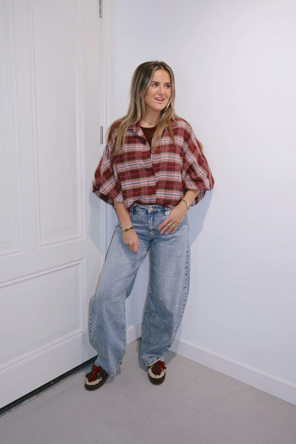 Blouse pofmouw Kim ruit Burgundy/Roze