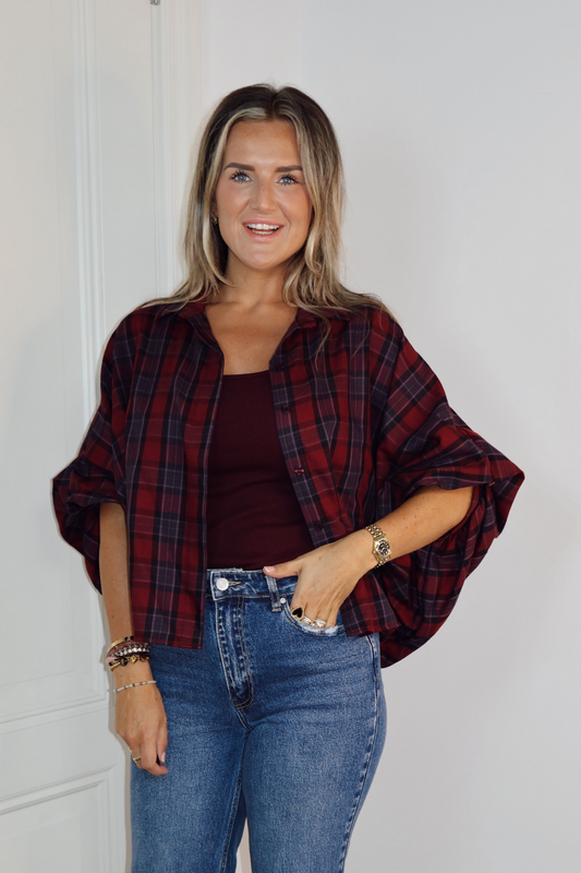 Blouse pofmouw Kim ruit rood/zwart