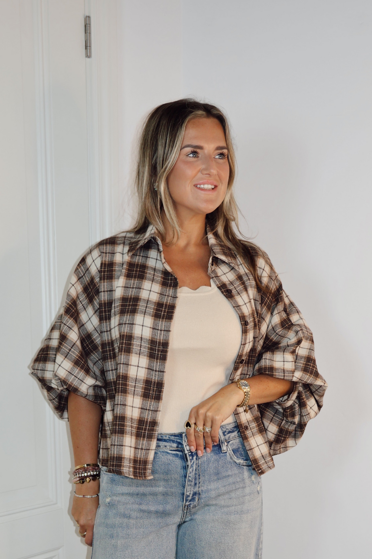 Pofblouse ruit Sisi Beige/Bruin