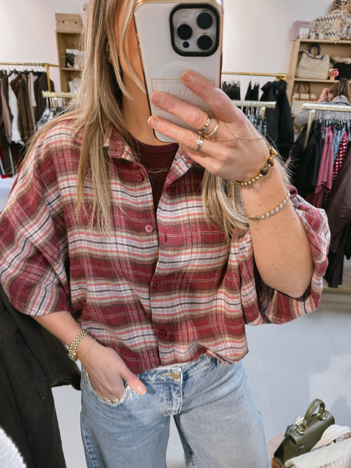 Blouse pofmouw Kim ruit Burgundy/Roze