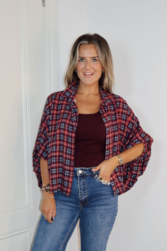 Blouse pofmouw Kim rood/lichtblauw