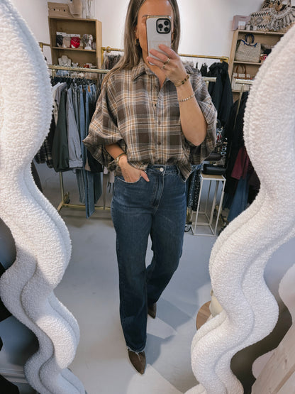 Blouse pofmouw Kim ruit Bruin