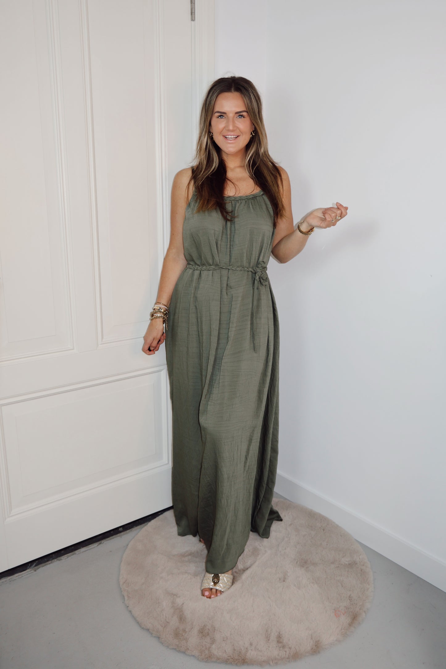 Maxi jurk spaghettibandjes Livia met ceintuur Groen