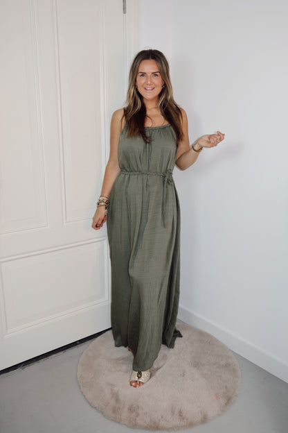 Maxi jurk spaghettibandjes Livia met ceintuur Groen