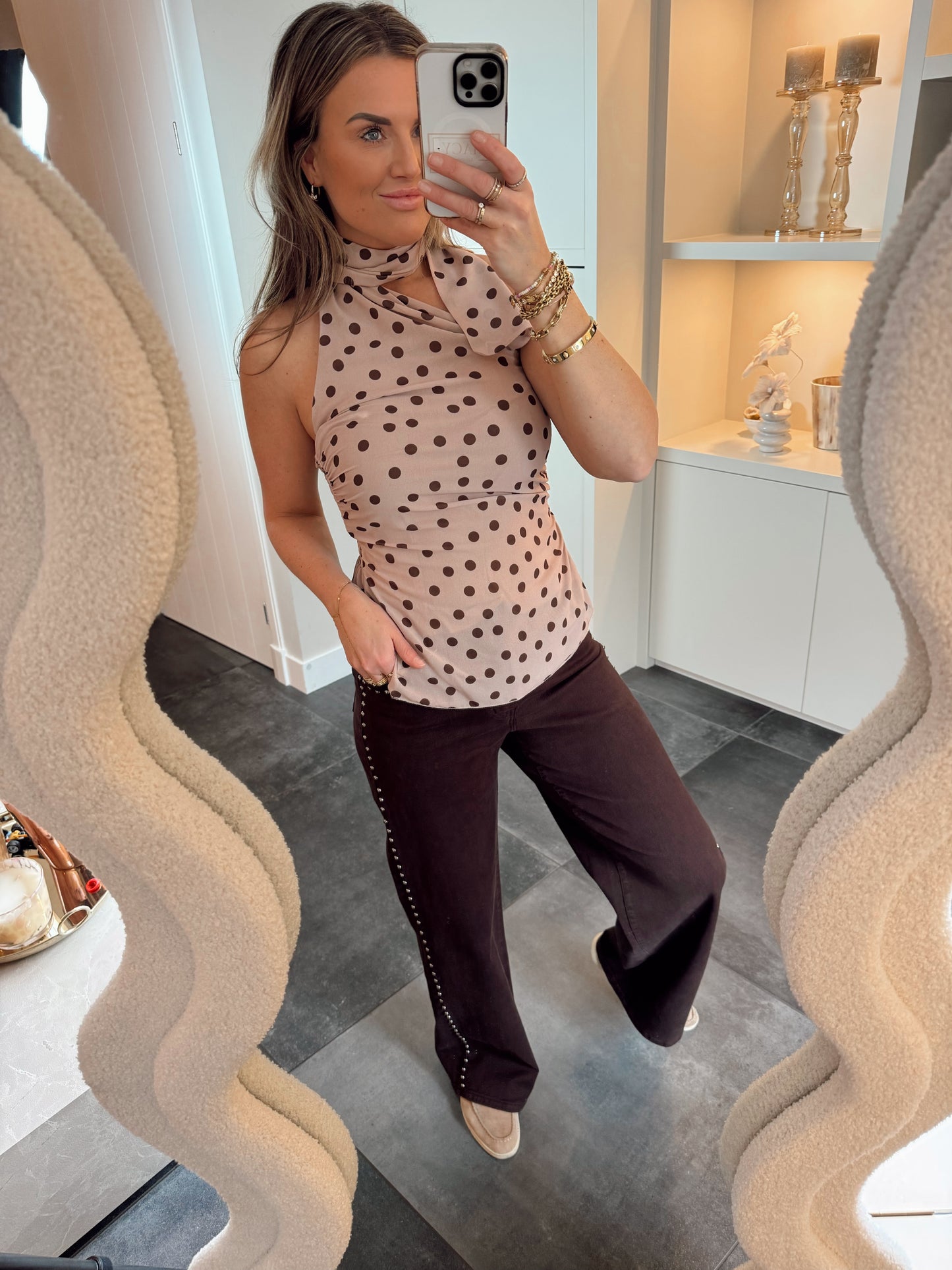 Top halter stippen beige/bruin