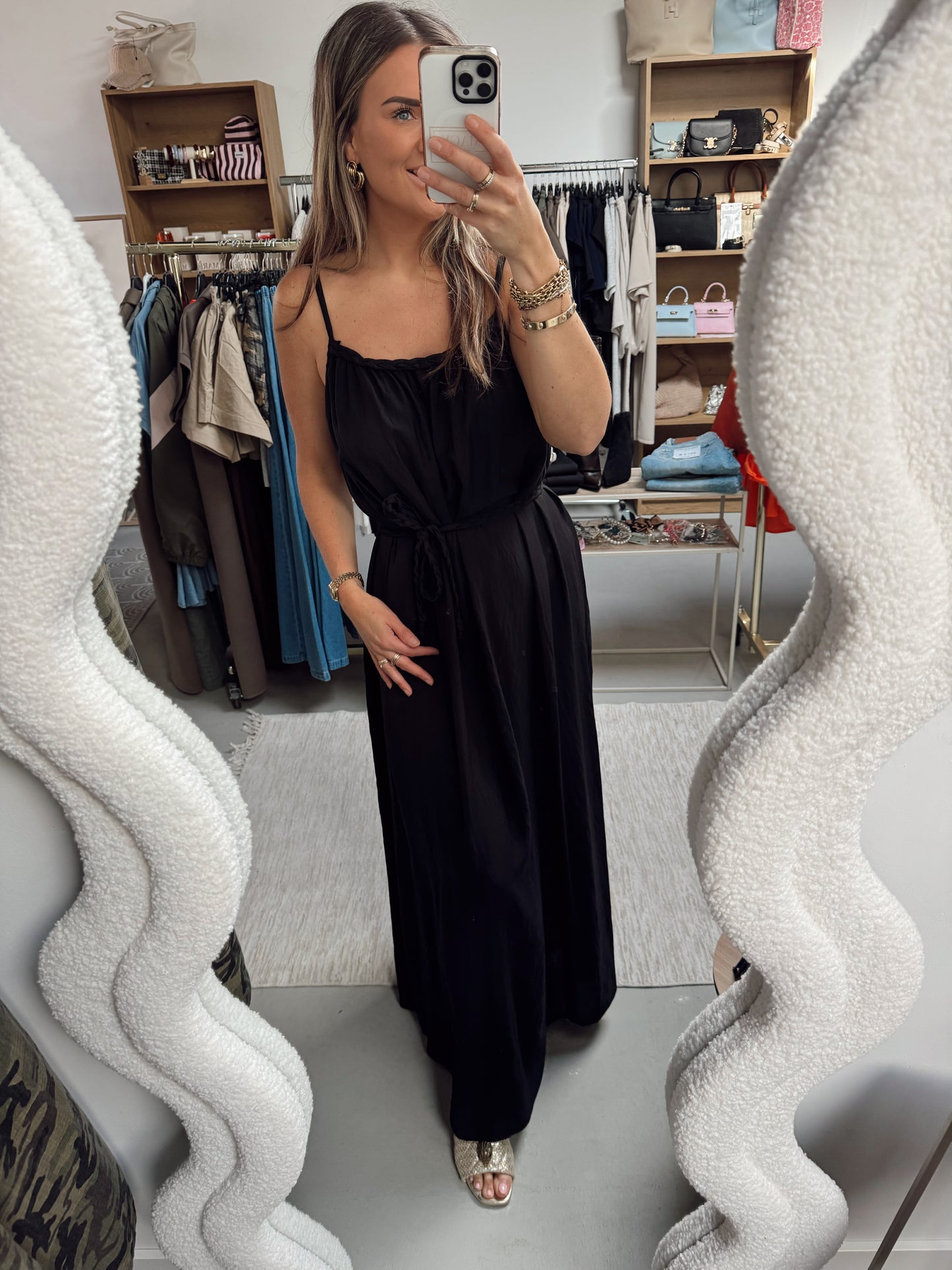 Maxi jurk spaghettibandjes Livia met ceintuur Zwart