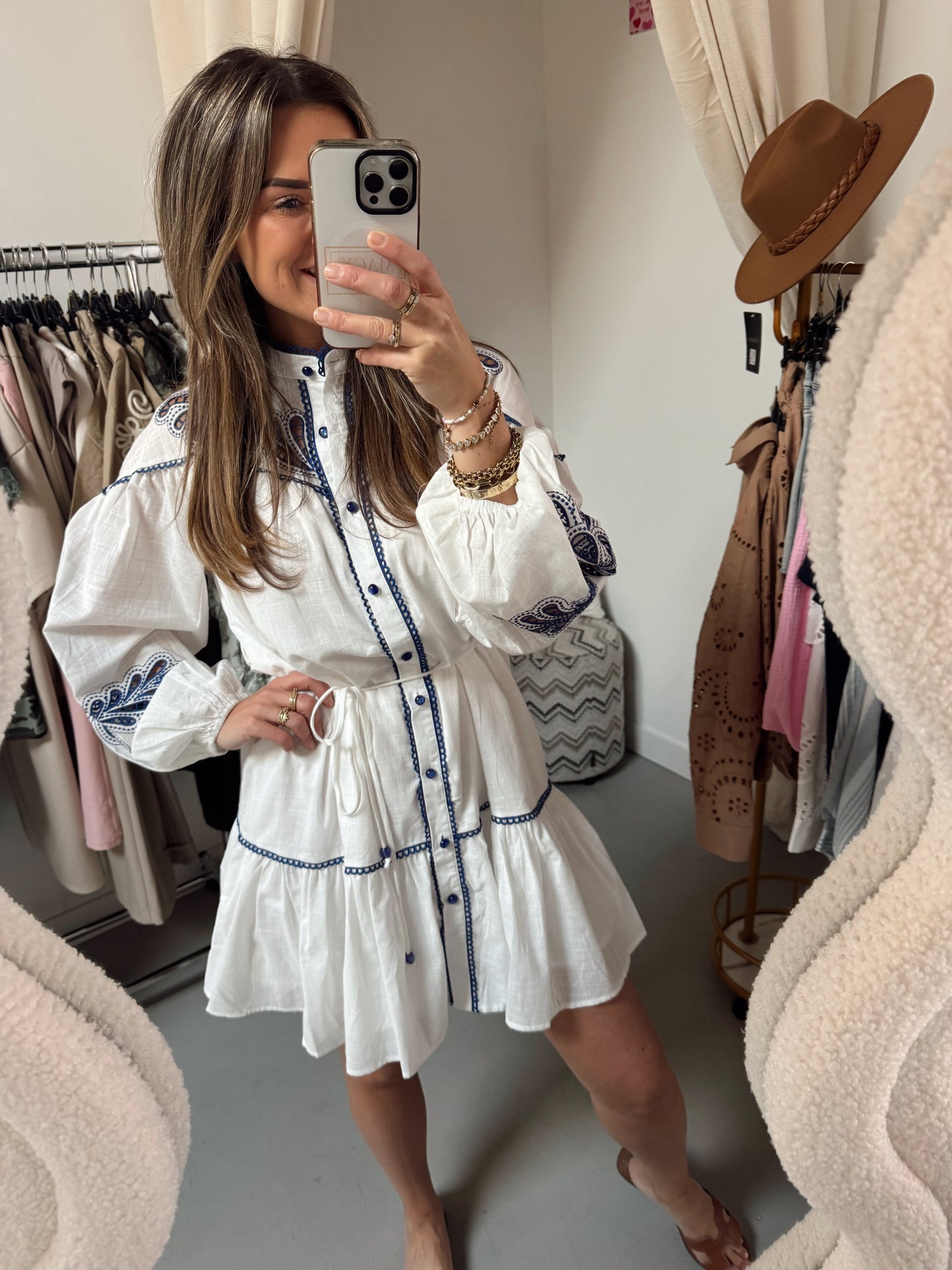 Korte jurk broderie Roos Wit/Navy