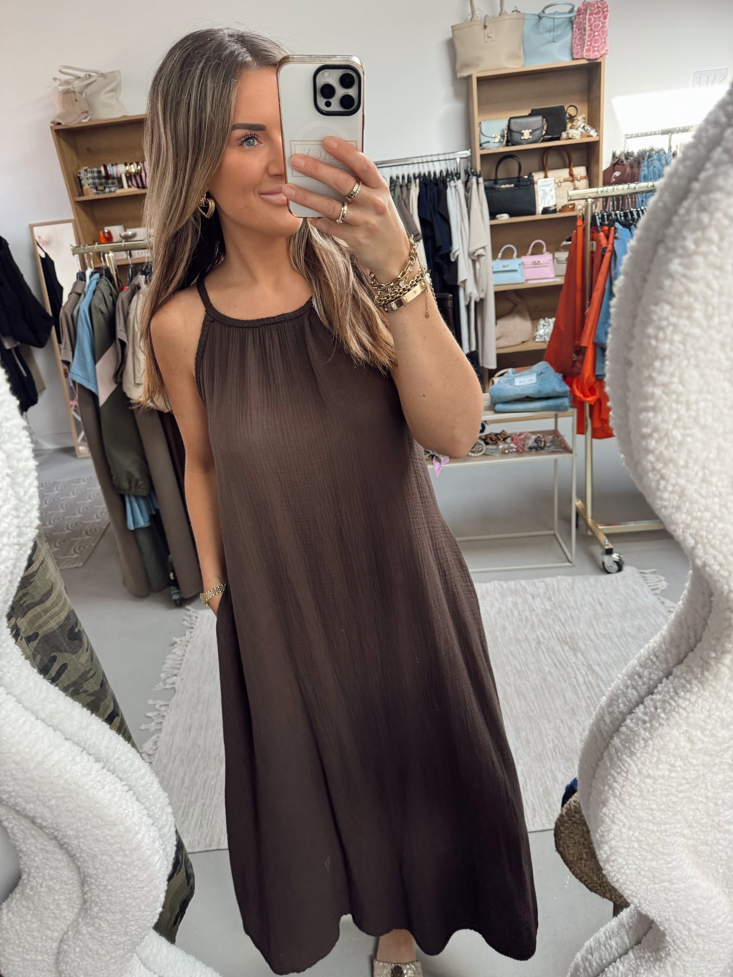 Maxi jurk spaghettibandjes Vive Bruin