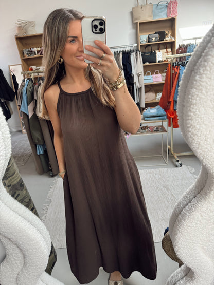 Maxi jurk spaghettibandjes Vive Bruin