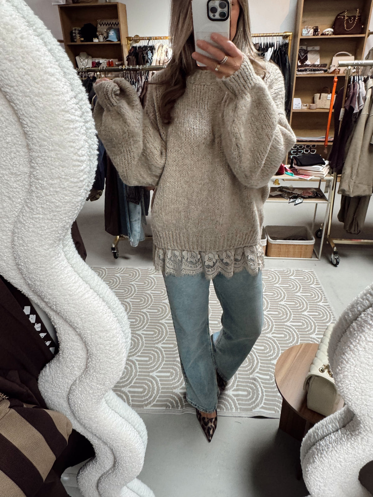 Gebreide trui met kant Mona Beige