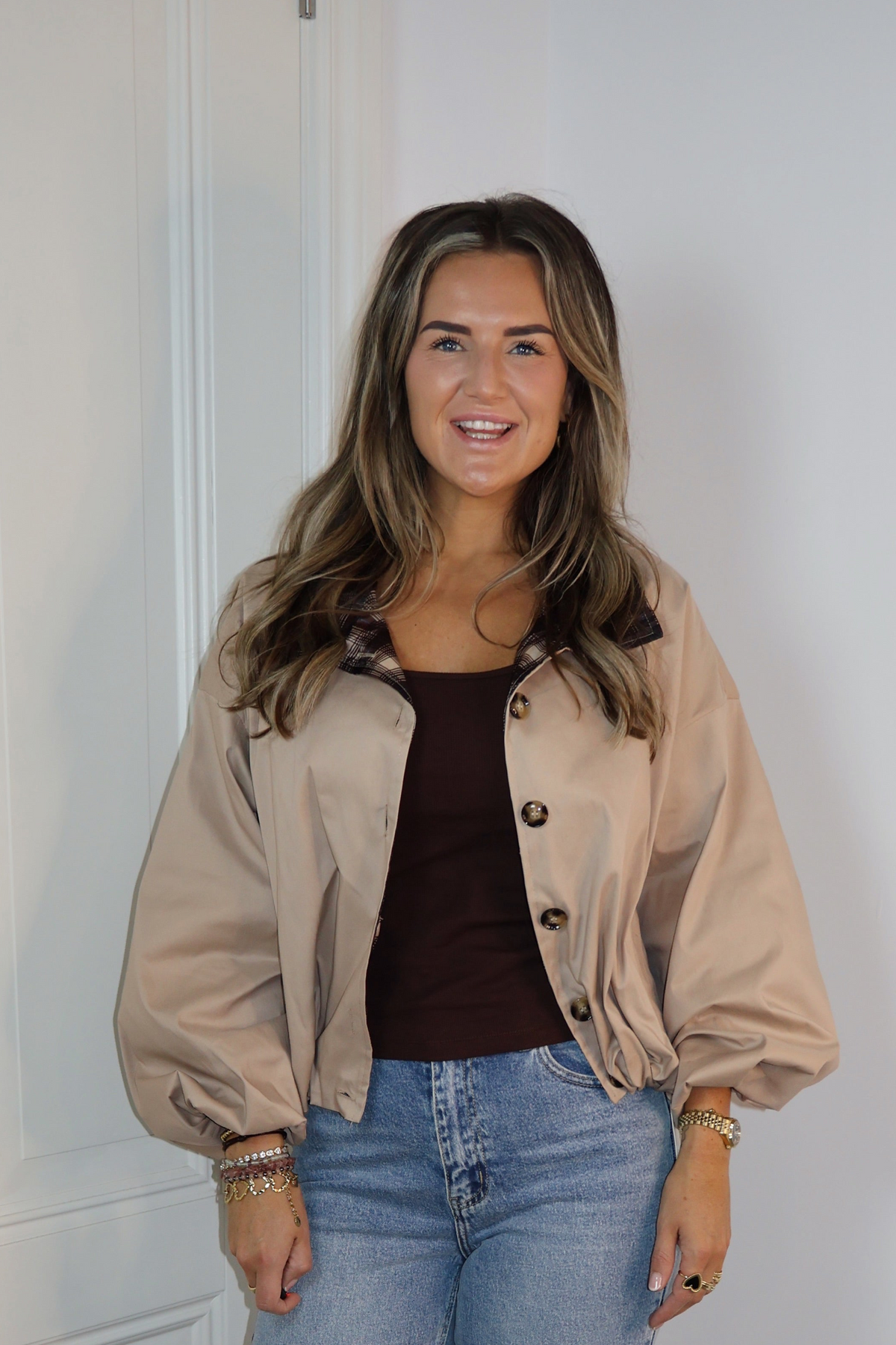 Bomber Kelsey kraag ruit Beige