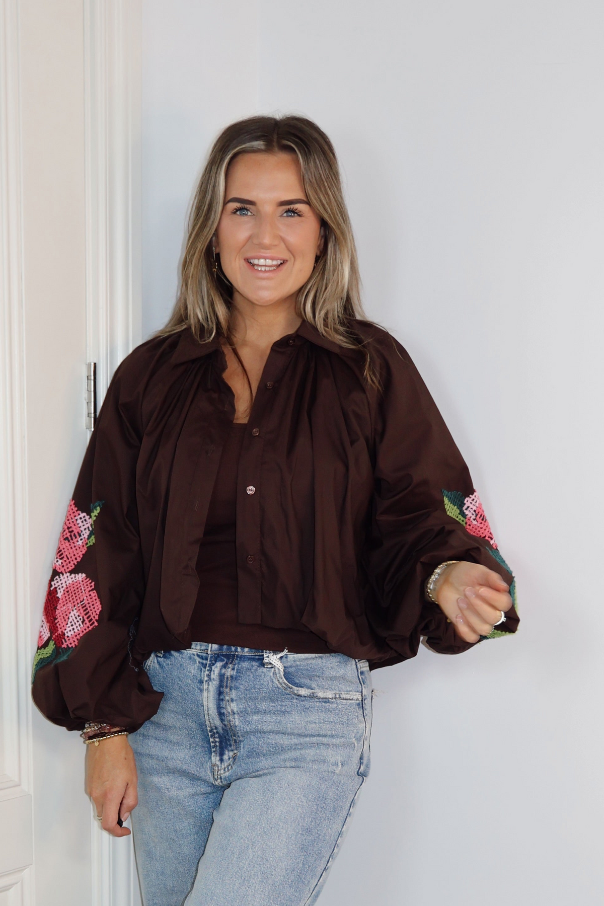Blouse pofmouw Flower print Bruin