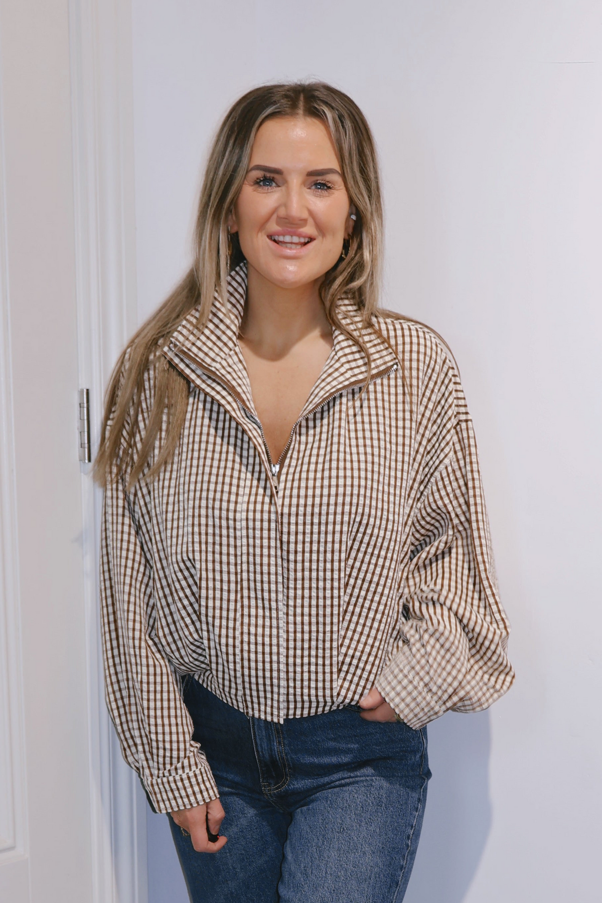 Bomber blouse Elsie ruit Bruin/beige