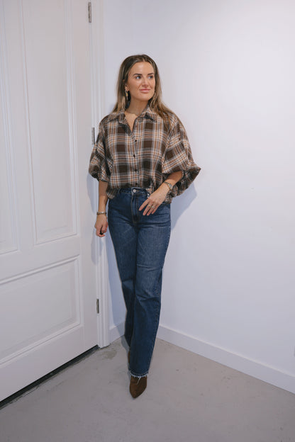 Blouse pofmouw Kim ruit Bruin