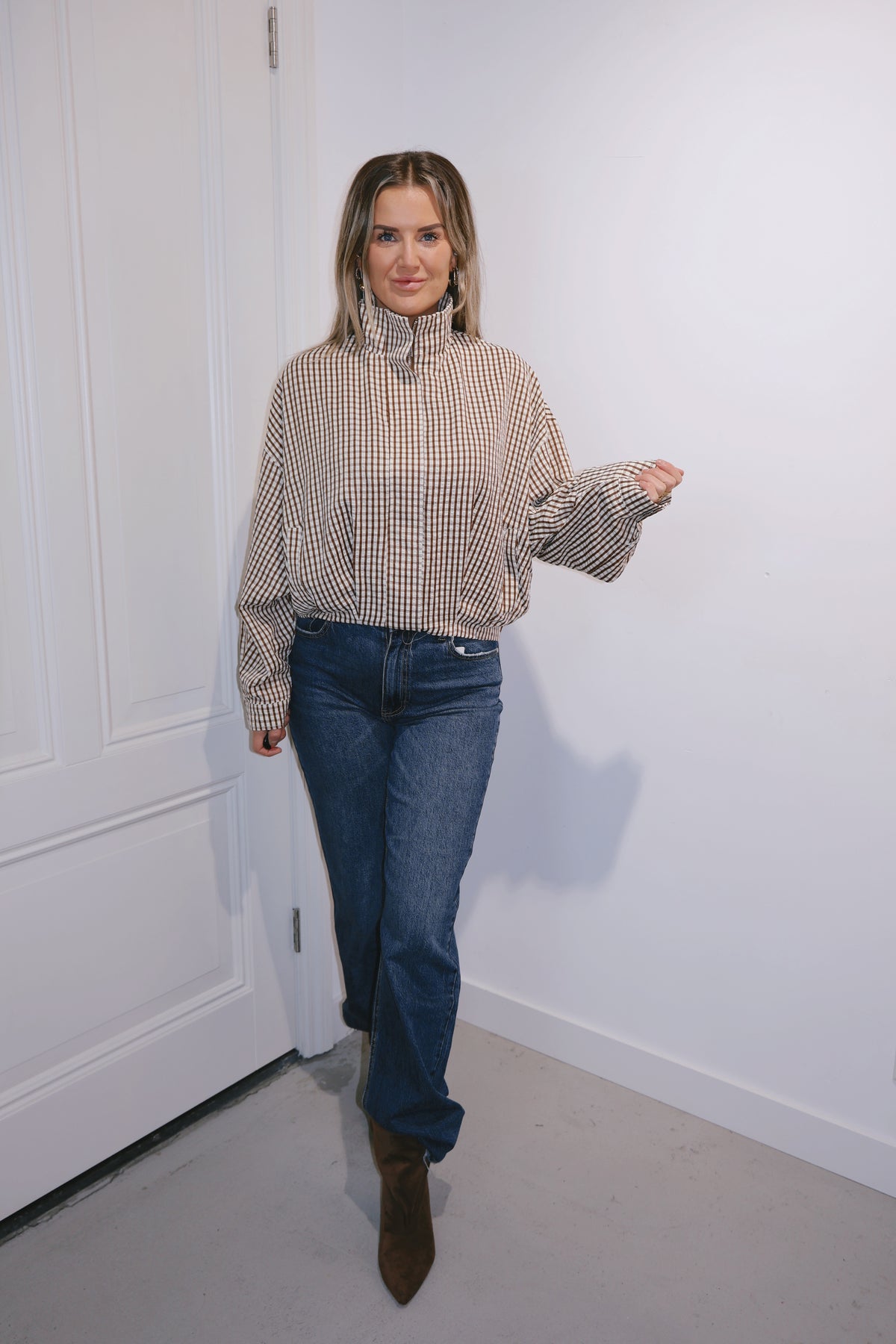 Bomber blouse Elsie ruit Bruin/beige
