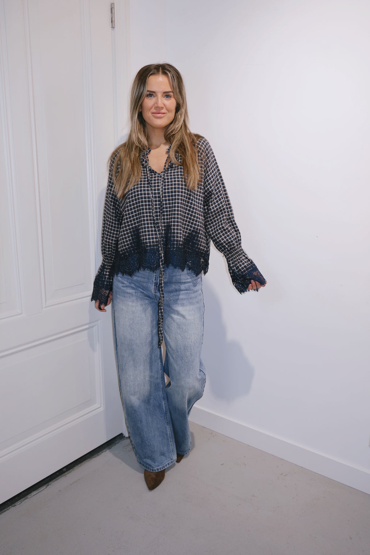 Blouse Olivia kant ruit Navy