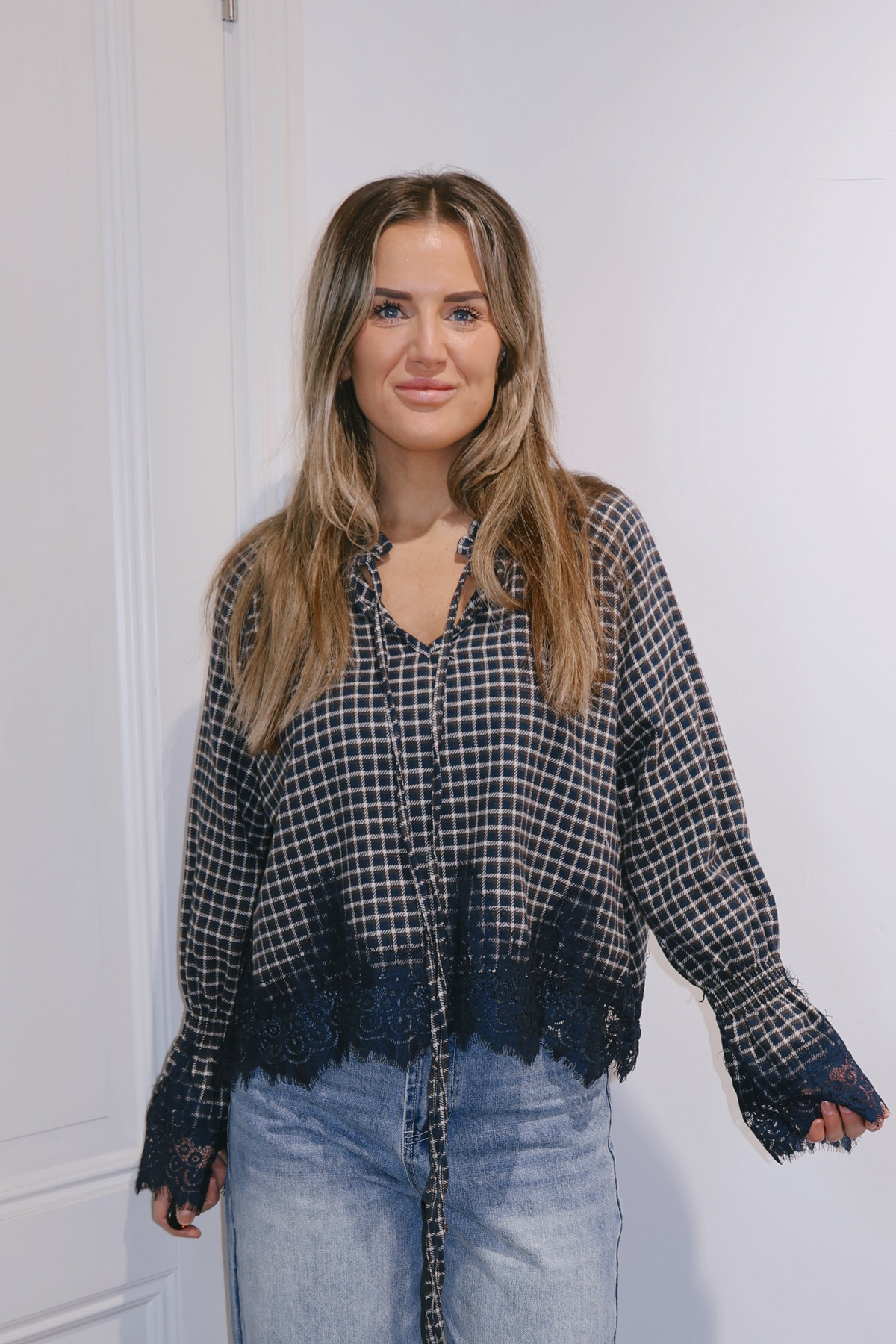 Blouse Olivia kant ruit Navy
