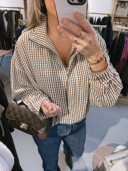 Bomber blouse Elsie ruit Bruin/beige