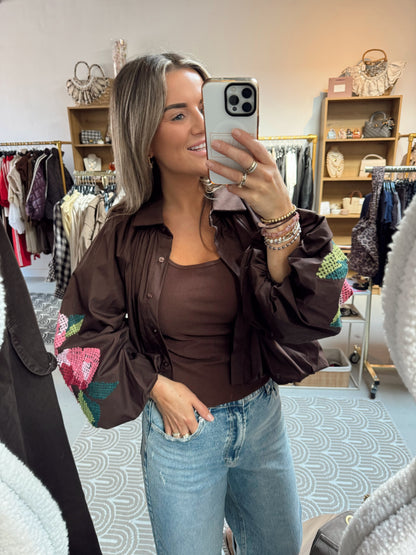 Blouse pofmouw Flower print Bruin