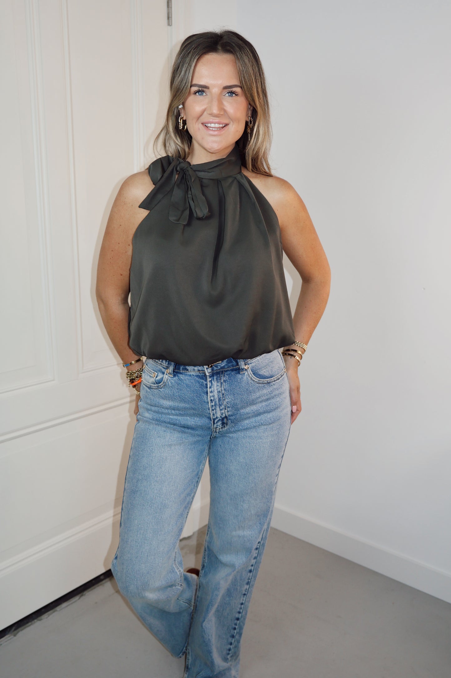 Haltertop met strik Kate Khaki