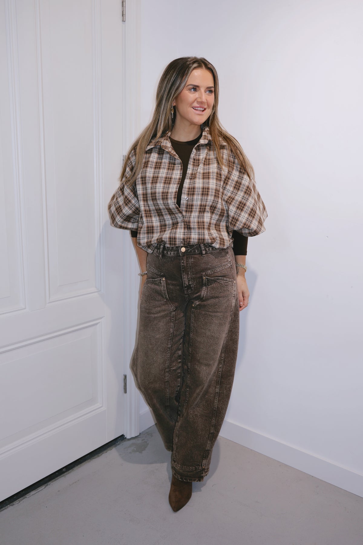 Blouse pofmouw Kim miniruit Bruin