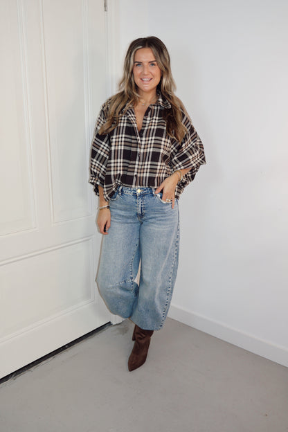 Pofblouse ruit Sisi Bruin/Beige