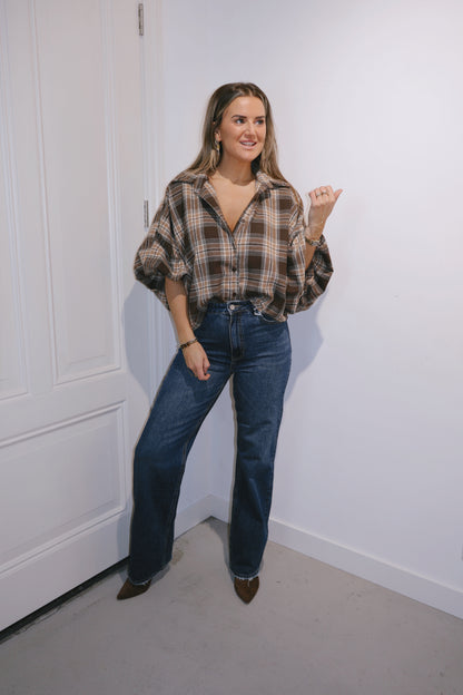 Blouse pofmouw Kim ruit Bruin
