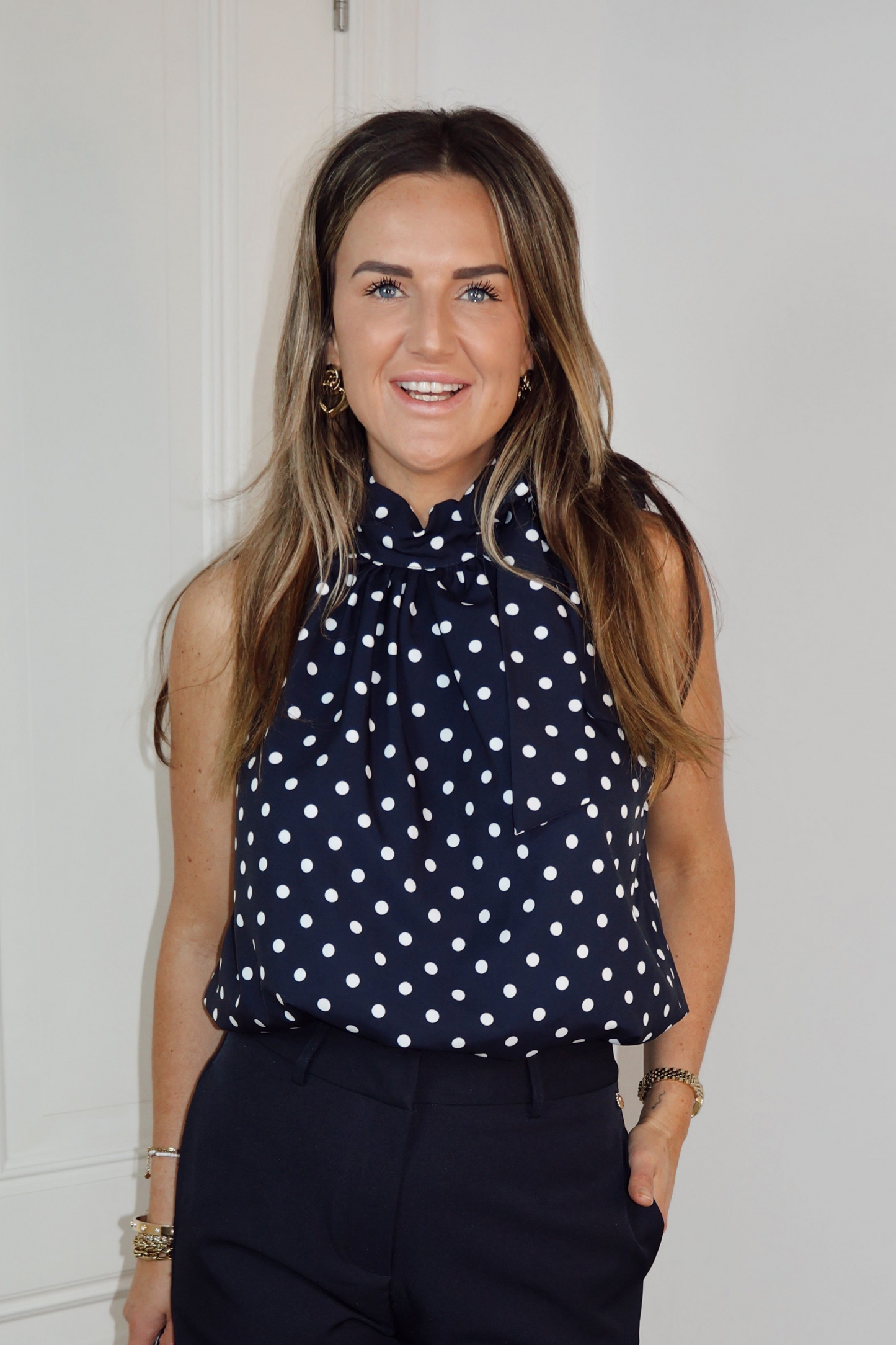 Halter pof top Kim stippen blauw/wit
