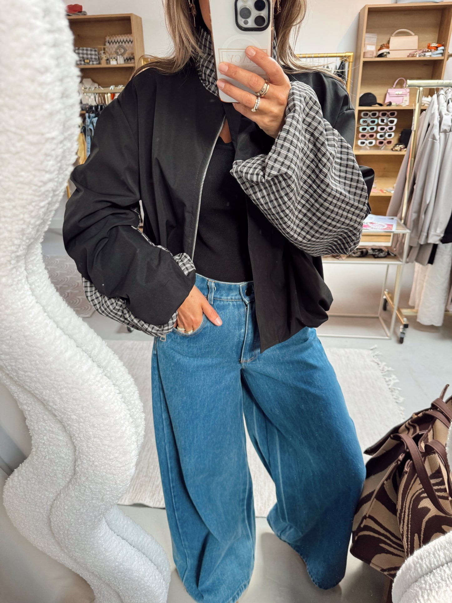 Bomber jas Jenna Zwart/ruit