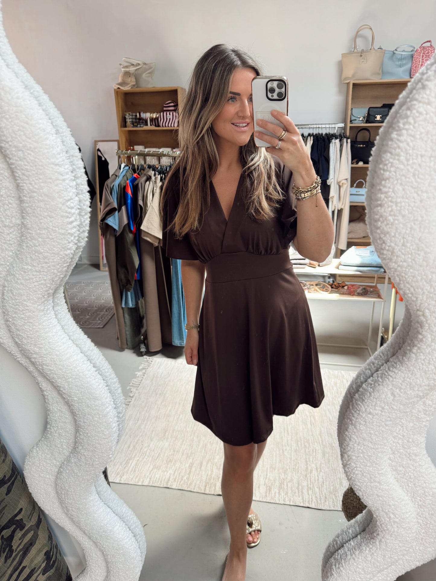 Midi jurk vlindermouw stretch Diva bruin