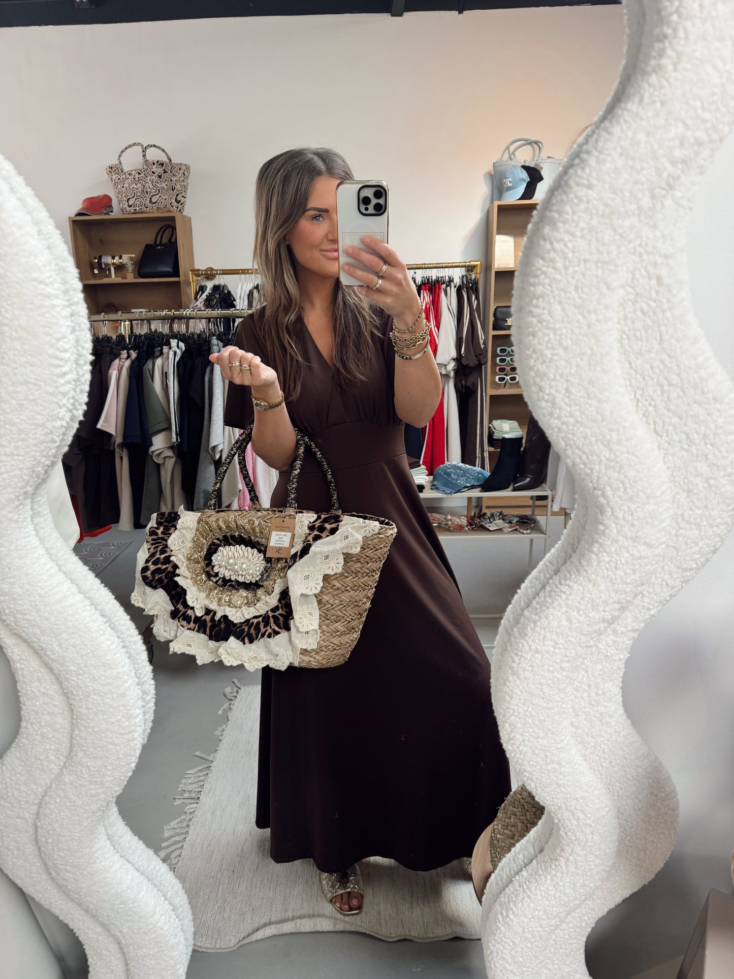 Maxi jurk vlindermouw stretch Diva bruin