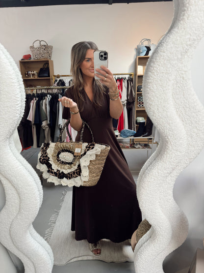 Maxi jurk vlindermouw stretch Diva bruin