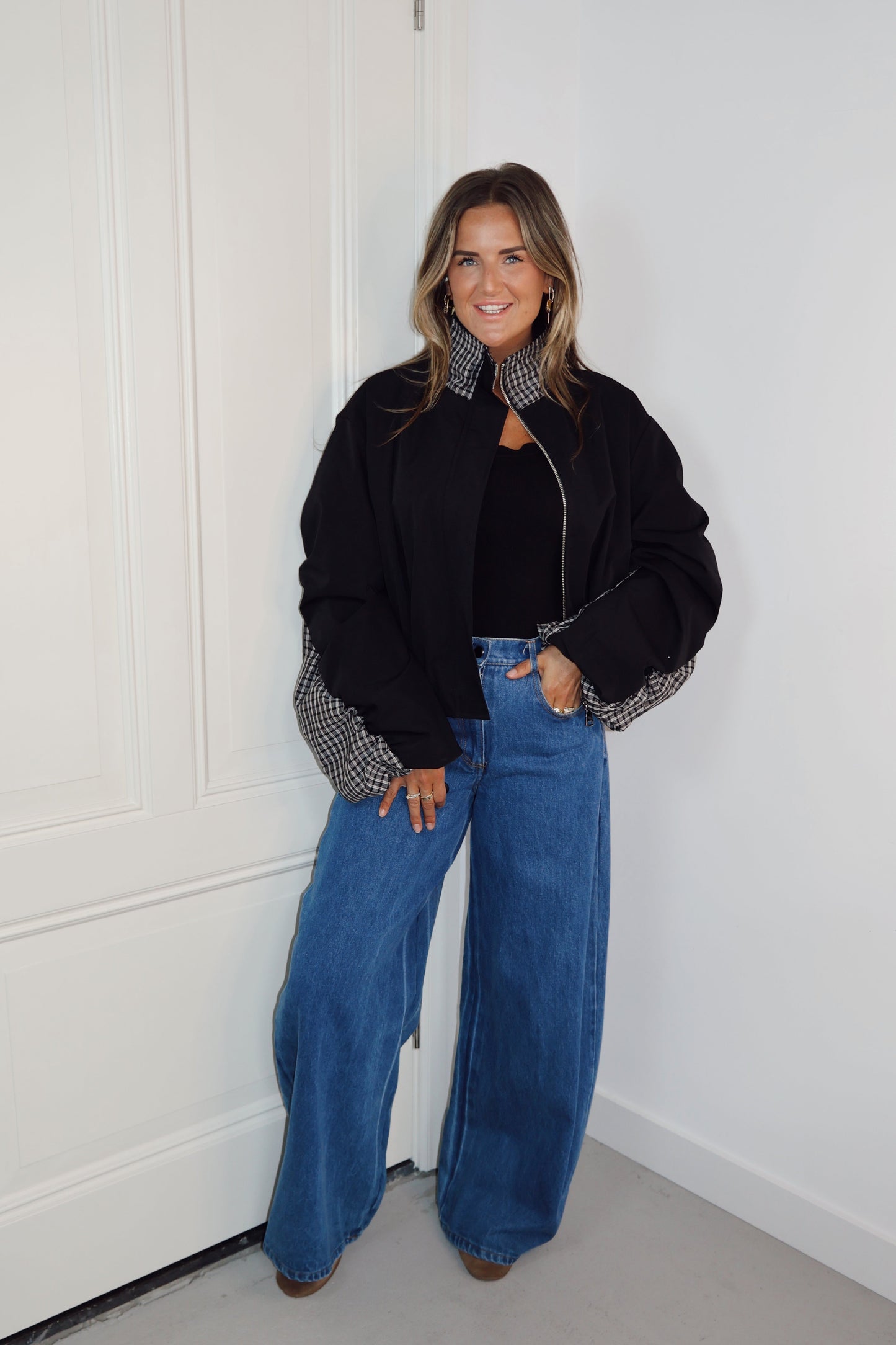 Bomber jas Jenna Zwart/ruit